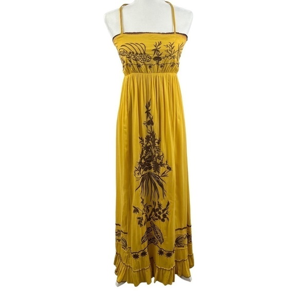 SOLITAIRE Anthro Mustard Yellow Boho Embroidered Maxi Dress M - Picture 1 of 11